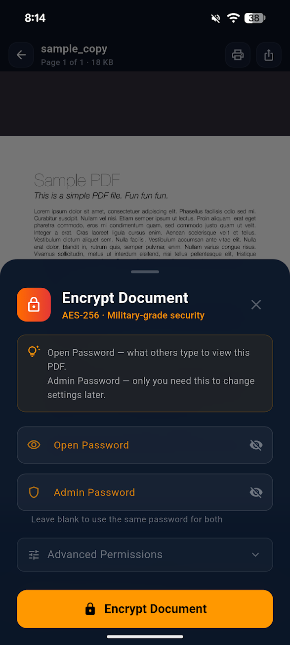 Doxentra PDF encryption screen