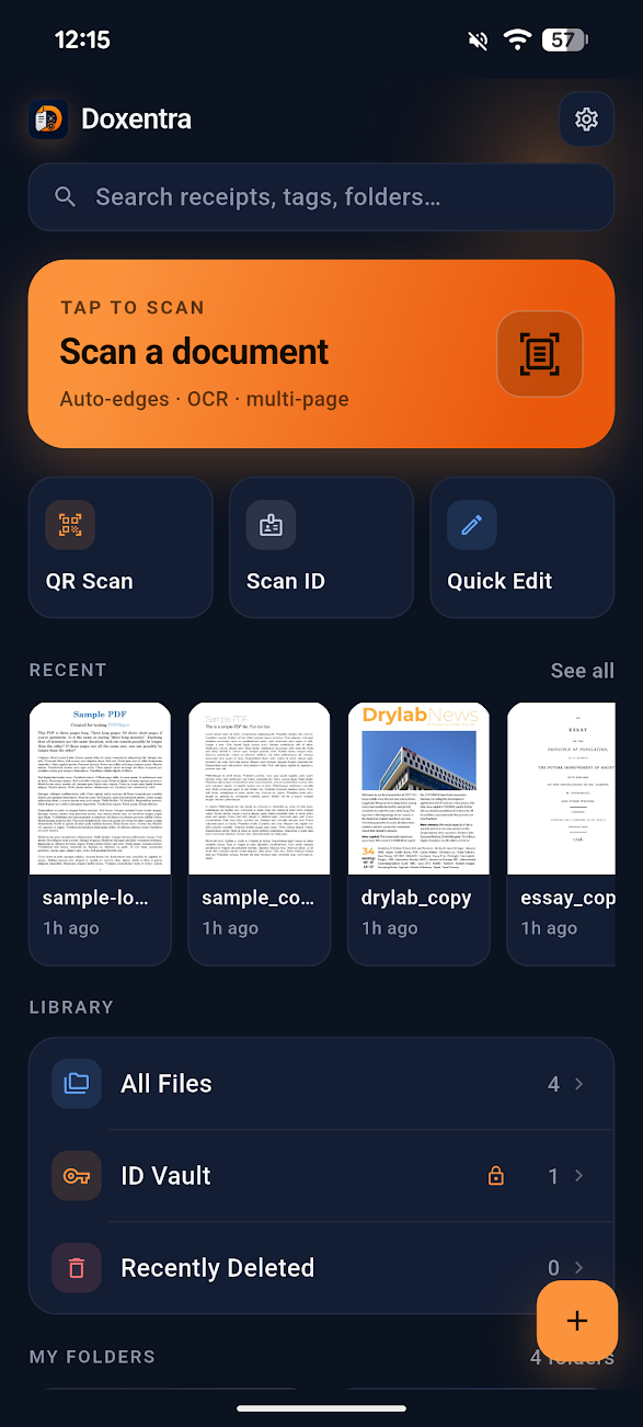Doxentra home screen with scan, QR, ID, recent files, and library shortcuts