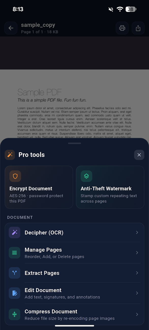 Doxentra pro tools panel with OCR, page management, extract pages, edit, and compress options